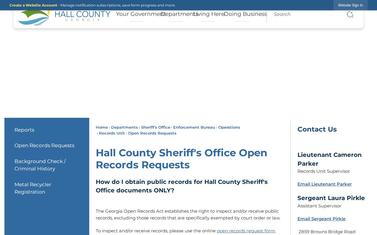 Hall County Sheriff's Office open-records request information for booking records