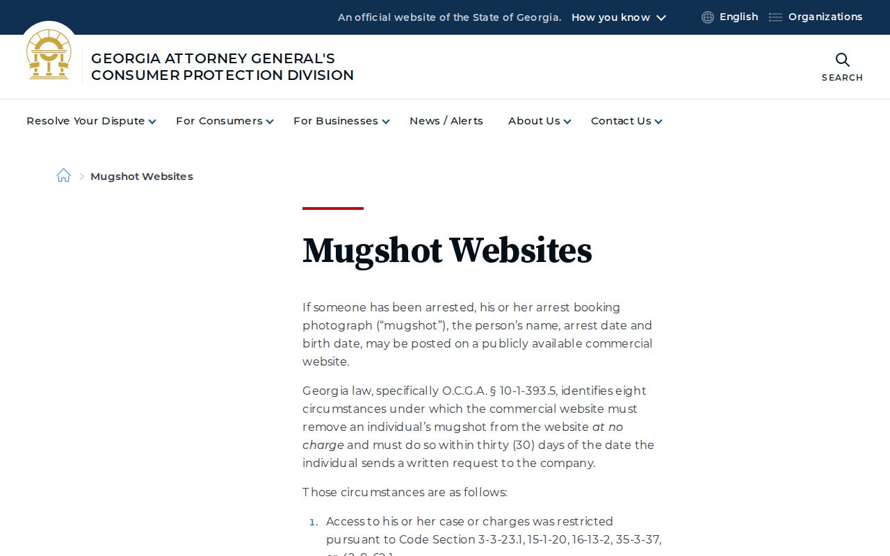 Georgia Attorney General guidance about mugshot websites and removal rights