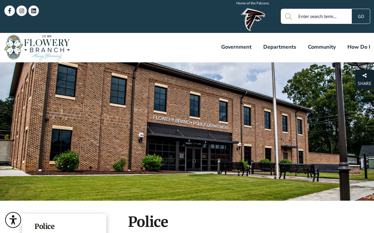 Flowery Branch Police Department contact and services page for Hall County arrest records